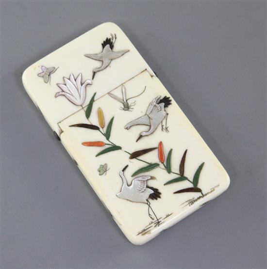 A Japanese shibayama style ivory card case, Meiji period, 9.5cm